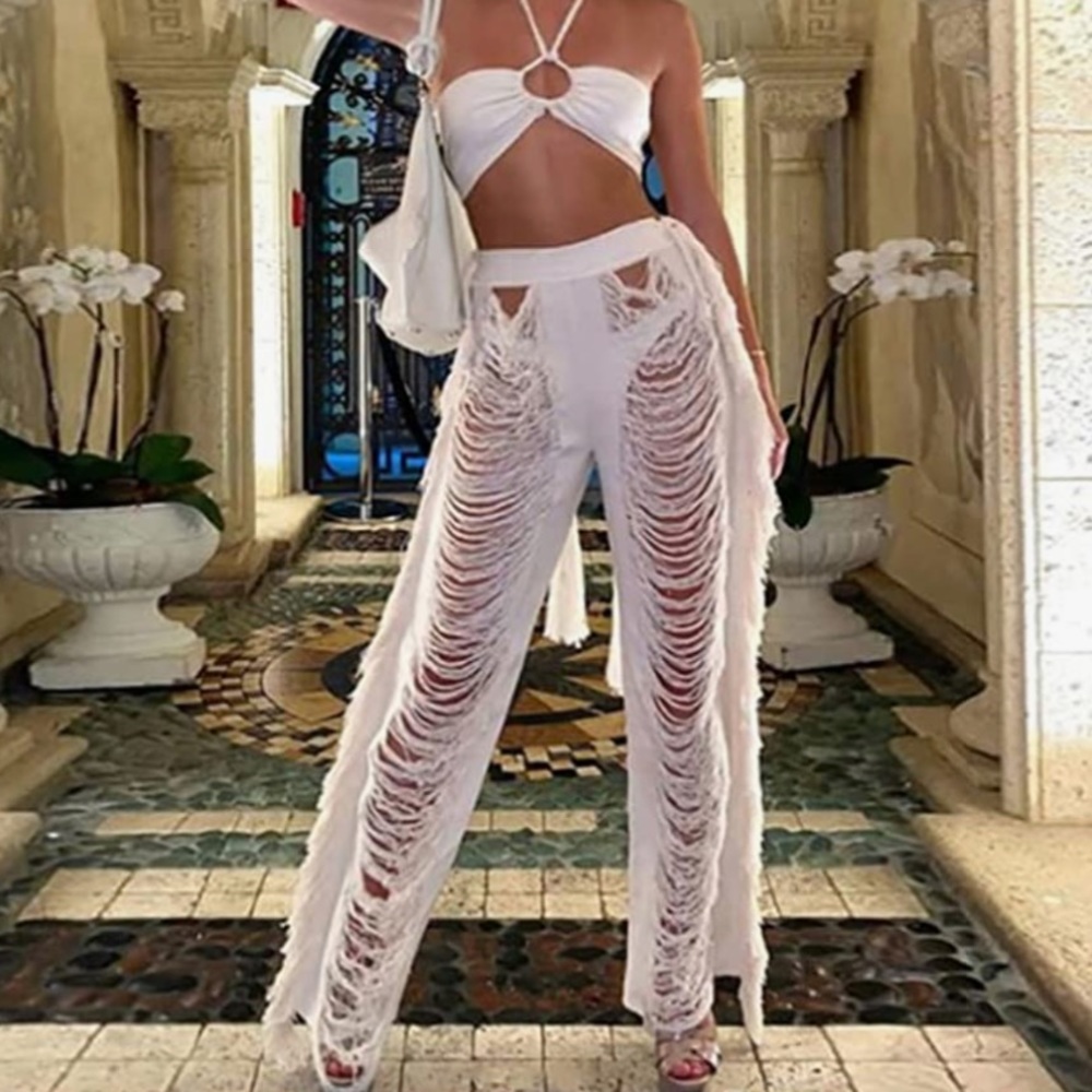 Crochet Knit Shredded Vacation Swim Coverup Pants